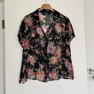 Vintage Silk Floral Sheer Blouse - Black and Pink